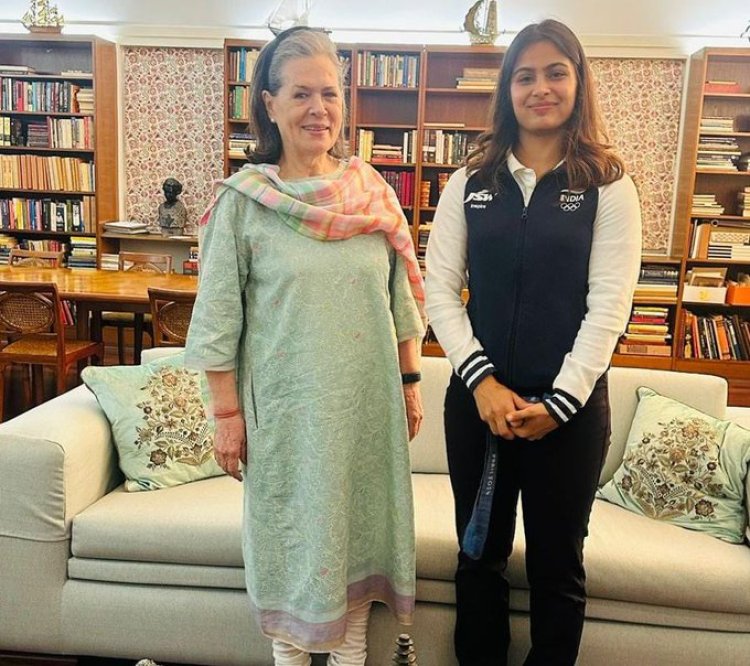 Manu Bhaker, double bronze medalist, meets Sonia Gandhi instead of PM Modi upon reaching Delhi after Paris Olympics.